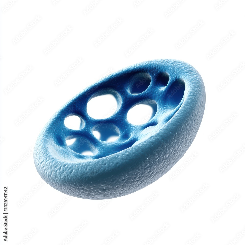 A smooth, blue, oval structure with textured surfaces and hollow cavities, resembling a biological cell or molecular form. A smooth, blue, oval structure with textured surfaces and hollow cavities, resembling a biological cell or molecular form.