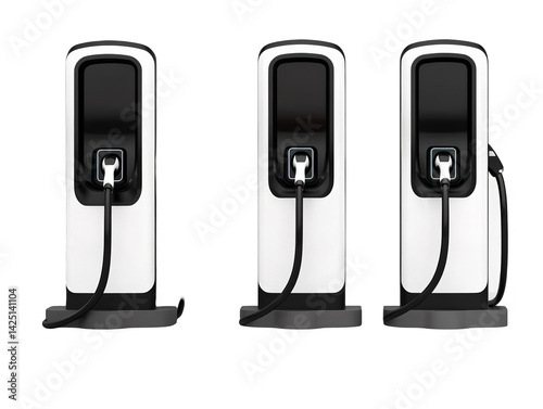 Isolated Photo of Three White Electric Vehicle Charging Stations in a Row photo