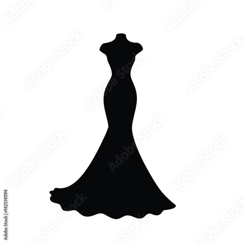 Bridal dress silhouette. A black silhouette of a bridal dress, known as a wedding gown, with a fitted bodice and a flared skirt, representing elegance and romance. Vector clipart illustration design.