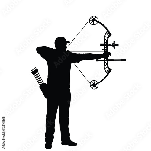 Bowhunter silhouette. This image shows a person holding a compound bow, aiming an arrow, with a quiver of arrows on the back. Vector clipart illustration design.