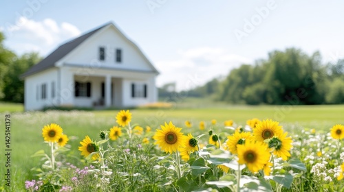 Rustic farmhouse surrounded by sunflowers.  Bright, sunny day in the countryside photo