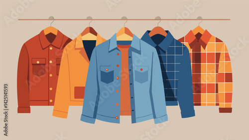 A collection of thrifted flannel and denim jackets hung on the wall as an unconventional and stylish alternative to traditional wall art.. Vector illustration