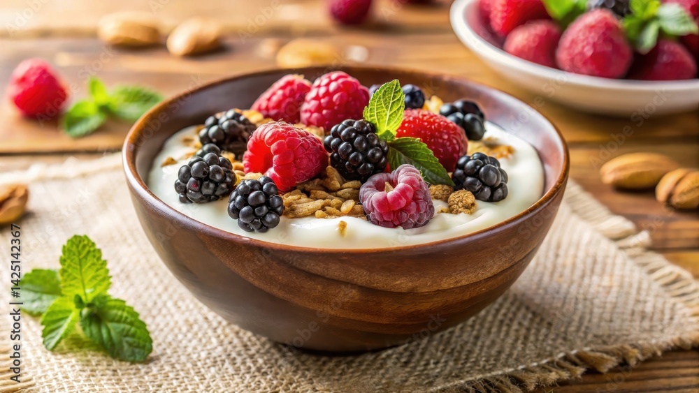 A delightful bowl of creamy yogurt topped with crunchy granola, juicy raspberries, and sweet blackberries, garnished with fresh mint leaves, served on a rustic surface.