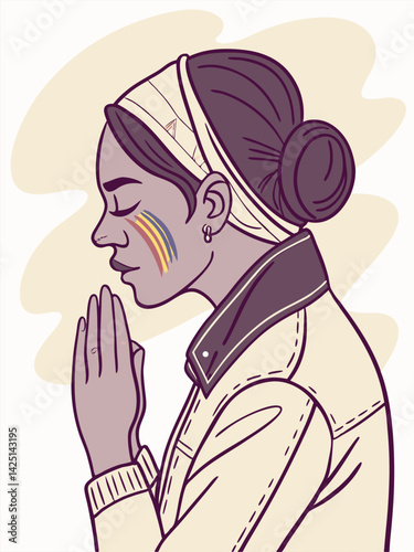 Illustration of a Praying Person with Rainbow Face Paint, LGBTQ+ Pride, Side Profile, Bun Hairstyle, Cream Jacket, Line Art Style