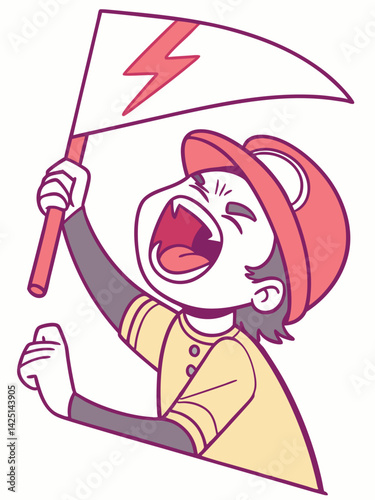 Excited Baseball Fan Waving Flag with Lightning Bolt Cartoon Illustration: Sports Supporter, Cheering, Team Spirit, Vector Graphic