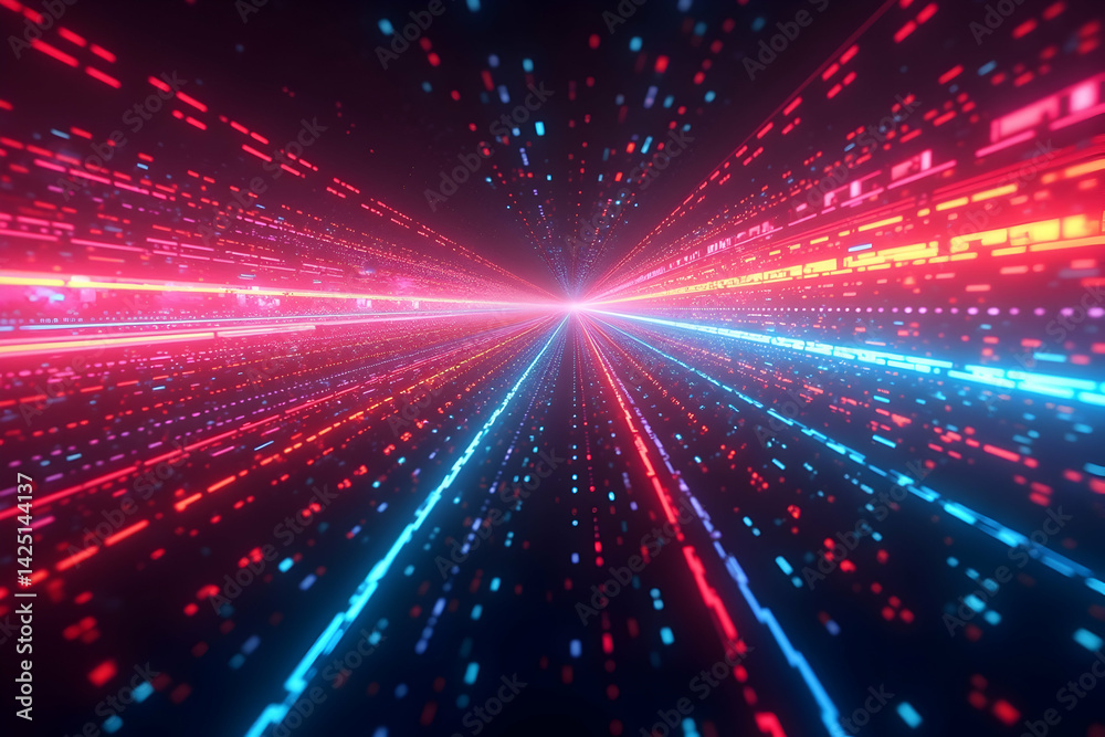 Vibrant data streams create a dynamic digital realm with colorful light streaks, symbolizing futuristic connections and high speed information flow in a virtual dimension