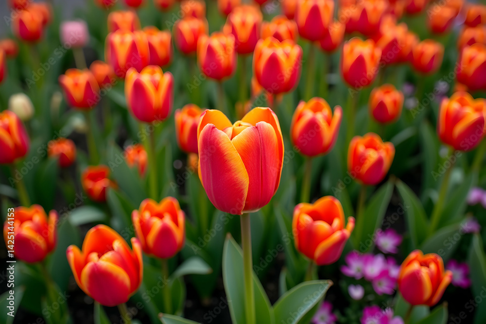 Vibrant display of blooming tulips in a garden bed, capturing the beauty of spring with their red and yellow petals in full bloom under sunlight Vibrant display of blooming tulips in a garden bed, capturing the beauty of spring with their red and yellow petals in full bloom under sunlight