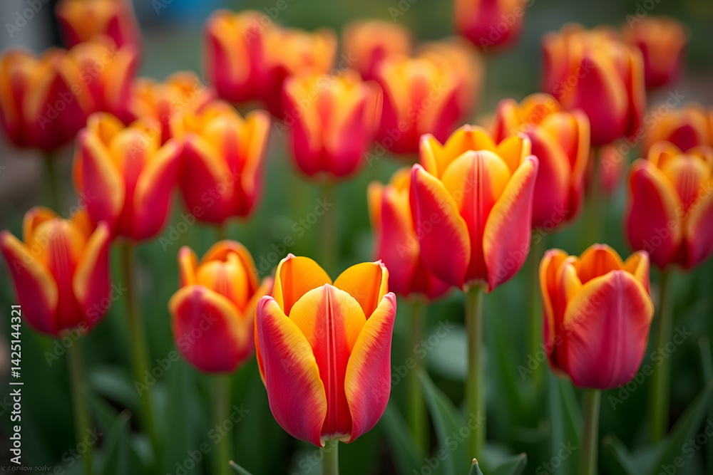 Vibrant Display, Captivating Overhead View of Blooming Red and Yellow Tulips in a Lush Garden Bed, Showcasing the Beauty of Spring and Floral Elegance Vibrant Display, Captivating Overhead View of Blooming Red and Yellow Tulips in a Lush Garden Bed, Showcasing the Beauty of Spring and Floral Elegance