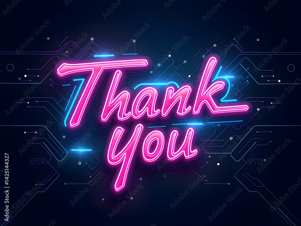 Vibrant Digital Artwork Depicting the Phrase ,Thank You, with Neon Accents and Intricate Circuitry Patterns, Perfect for Tech-Themed Gratitude Expressions