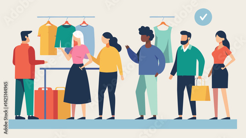 A line of people waiting their turn to try on clothing and make trades at the swap event.. Vector illustration