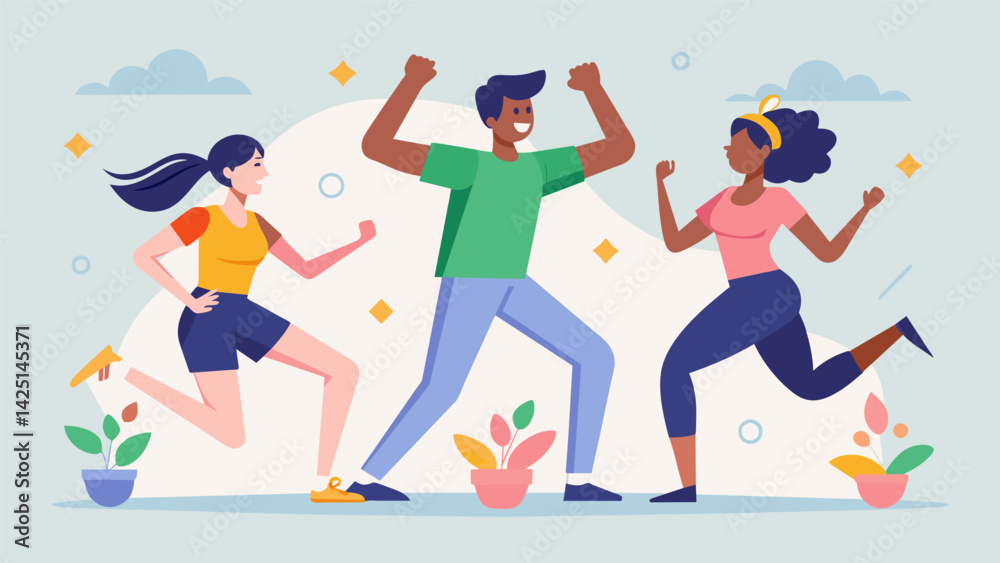 Lets get moving Our virtual gentle dance challenge provides fun and easytofollow routines for participants to boogie their way to improved fitness.. Vector illustration Lets get moving Our virtual gentle dance challenge provides fun and easytofollow routines for participants to boogie their way to improved fitness.. Vector illustration