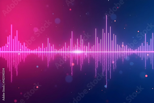 Vibrant neon audio wave on a gradient backdrop, pulsing with energy and reflecting off a serene surface, a visual symphony of sound and light