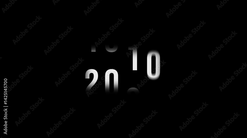 Dynamic scrolling progression timeline animation of 1950 to 2026 years on a 4k black background. Order number from the vertical past into the future era evolution time yearly line