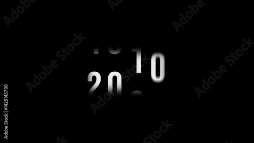 Dynamic scrolling progression timeline animation of 1950 to 2026 years on a 4k black background. Order number from the vertical past into the future era evolution time yearly line