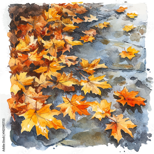 Fallen leaves on a damp path, watercolor illustration, isolated on a white background.

