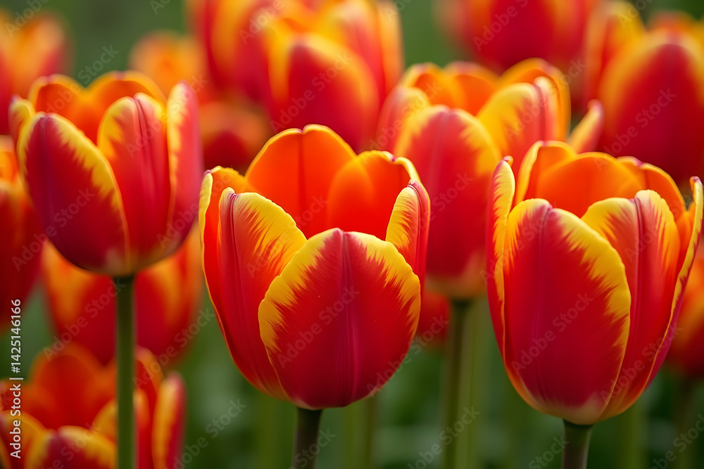Vibrant Red and Yellow Tulip Heads Clustered Together in a Spring Garden, Showcasing Their Intricate Petal Details and Inviting Warmth of Seasonal Bloom Vibrant Red and Yellow Tulip Heads Clustered Together in a Spring Garden, Showcasing Their Intricate Petal Details and Inviting Warmth of Seasonal Bloom