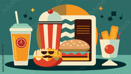 A menu featuring classic diner food like milkshakes and burgers accompanied by live covers of popular 50s hits adding a touch of nostalgia to the Vector illustration