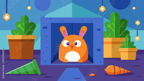 A holographic hideandseek game for your guinea pig to find virtual carrots hidden throughout the room.. Vector illustration