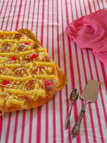 Coca de Sant Joan, a traditional sweet cake from Catalonia, Spain.