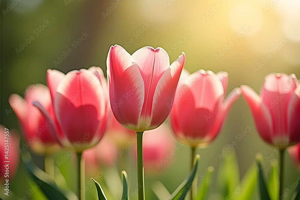 Fototapeta premium Vibrant tulips in a field on a bright day offering a burst of spring colors and natural beauty, perfect for backgrounds or inspirational designs that celebrate nature