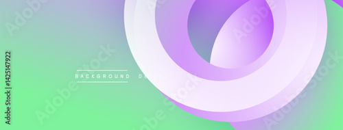 Abstract design features overlapping circles. Gradient transitions shift from green to purple hues. Minimalist aesthetic creates modern visual impact. Soft shadows add depth.