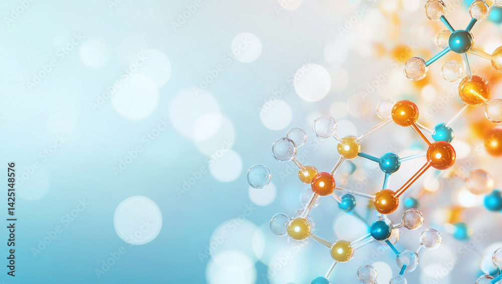 Abstract background with colorful molecular structures, showcasing blend of blue, orange, and white elements, creating vibrant and scientific Abstract background with colorful molecular structures, showcasing blend of blue, orange, and white elements, creating vibrant and scientific