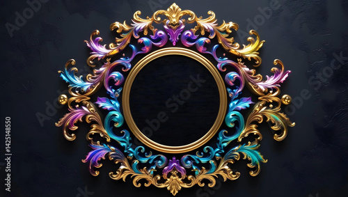 An ultra-detailed 8K resolution luxurious baroque-style circular ornamental frame set against a matte black textured background.