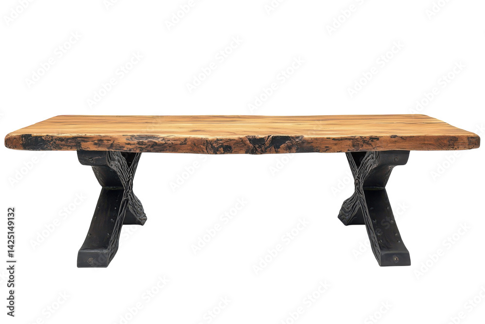 Rustic Live Edge Wood Coffee Table with Striking Black X Base Legs against a Black Background on transparent background Rustic Live Edge Wood Coffee Table with Striking Black X Base Legs against a Black Background on transparent background