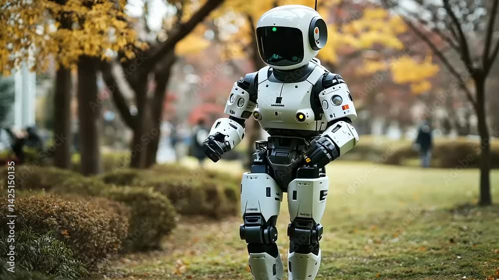 Humanoid Robot Ventures Through Autumn Park Exploring Natural Environments