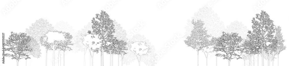 Architectural Drawings, Minimal style cad tree line drawing, Side view, set of section wetland forest outline for landscape design drawing. Vector illustration