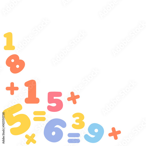 Colorful flat design of numbers and math symbols arranged playfully. Perfect for children’s educational content, math learning materials, posters, or digital school resources.