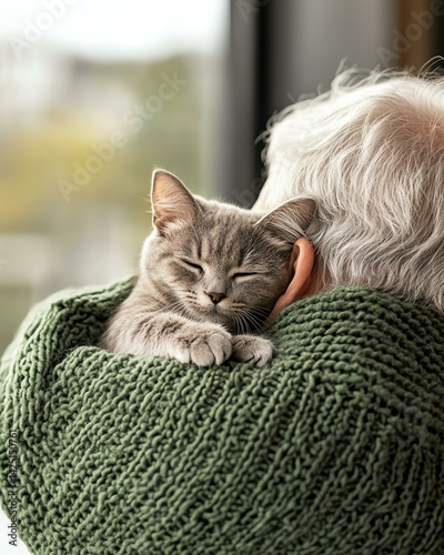 Joyful adopting pets in retirement to enhance well-being, heartwarming adopting pets in retirement for emotional connection. Cozy embrace with a cat and an elderly person.