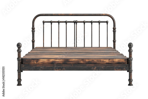 Rustic antique iron bed frame with distressed wooden slats isolated on black background vintage on transparent background