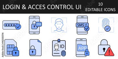 Login & Access Control UI icon set with password check, 2FA, fingerprint scan, face grid, SMS code, SIM lock, biometric badge, and secure folder in clean vector style.
