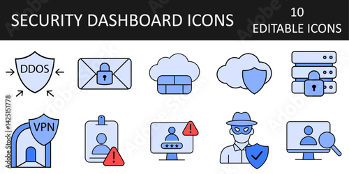 Security Dashboard Icons including VPN tunnel, encrypted message, DDoS protection, cloud shield, locked server, alert triangle, user in disguise, and monitoring UI in vector style.