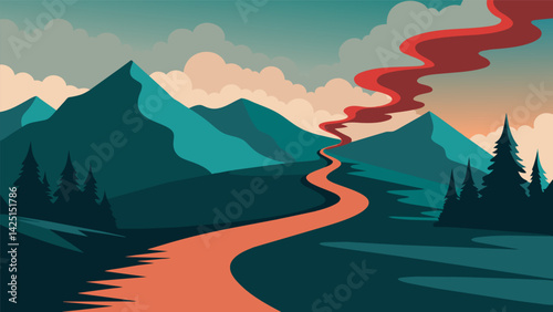 A trail of smoke signals snaking through the mountains evoking images of hidden dangers and treacherous paths for those who dare to venture there..