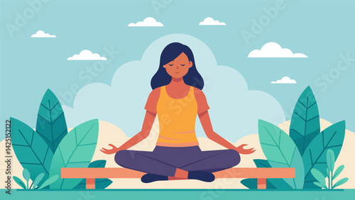 A woman sitting on a bench palms facing up to the sky as she practices mindful breathing and relaxation techniques.. Vector illustration