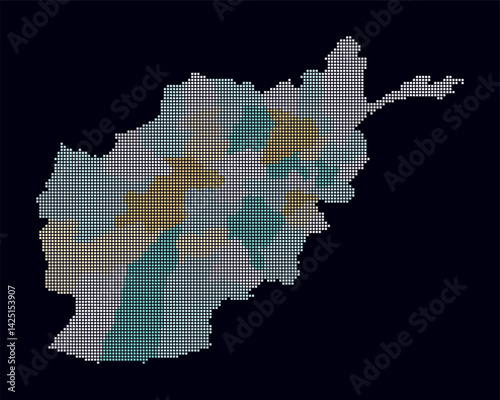 Afghanistan dotted map. Digital style map of the country on dark background. Afghanistan shape with square dots. Colored dots style. Small size squares. Classy vector illustration.