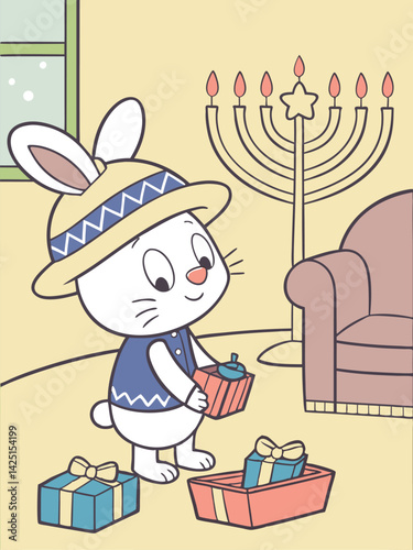 Cute Cartoon Bunny Celebrating Hanukkah with Gifts and Menorah in a Cozy, Illustrated Style