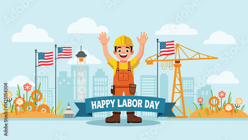 Happy Labor Day Cartoon Worker Celebrating with Cityscape