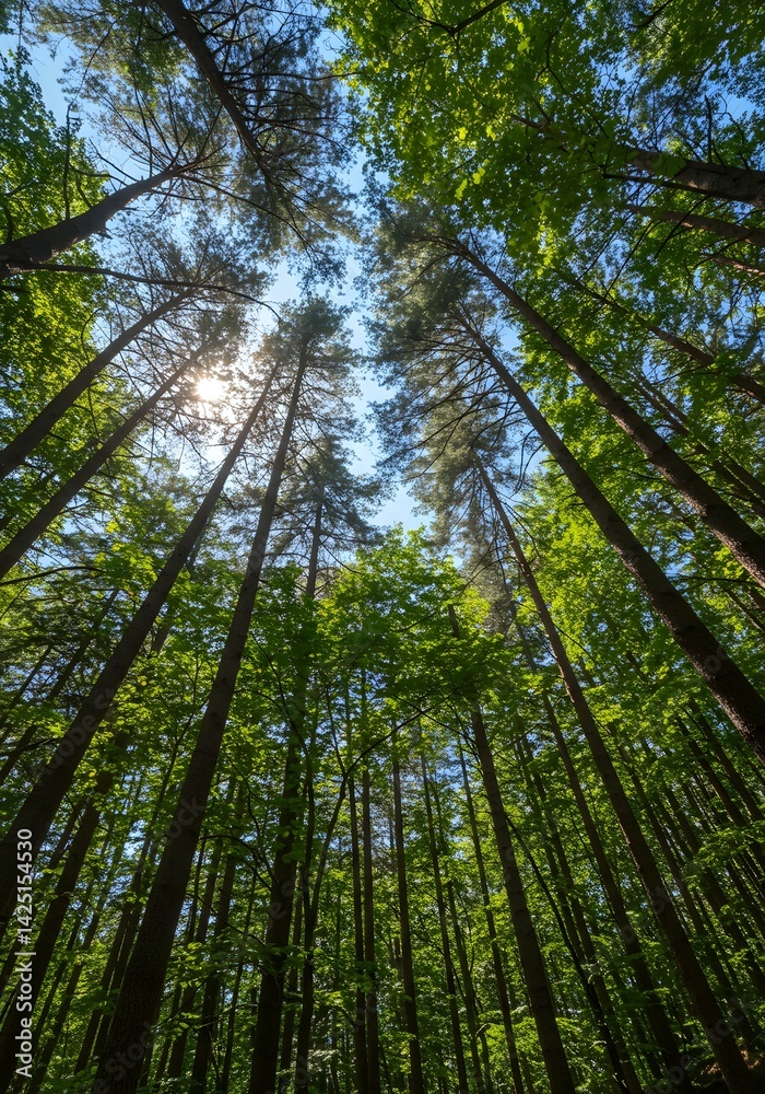 Fototapeta premium Photo from a perspective looking up into a forest of trees