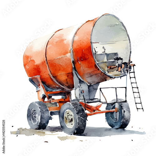 Durable cement mixer, watercolor illustration, isolated on a white background.

