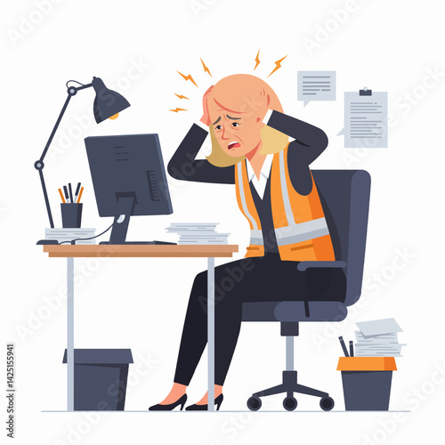 Overworked and Stressed Office Worker with Headache