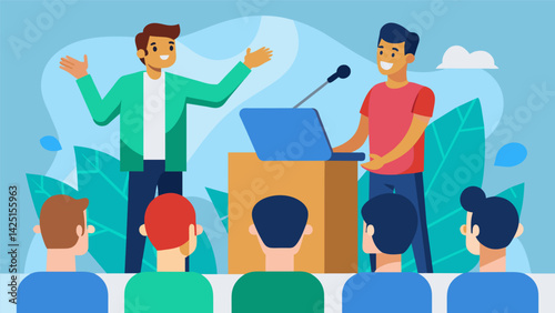 Someone with a fear of public speaking successfully giving a presentation in front of their the experiencing a huge breakthrough in their confidence..