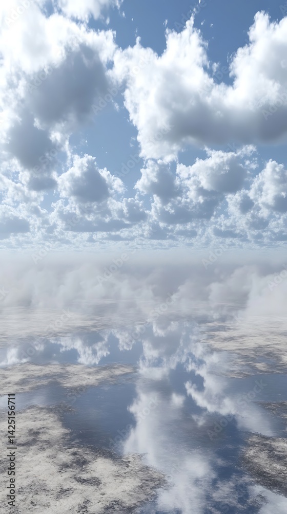 Obraz premium A serene landscape with clouds reflecting on a calm water surface, creating a tranquil scene.