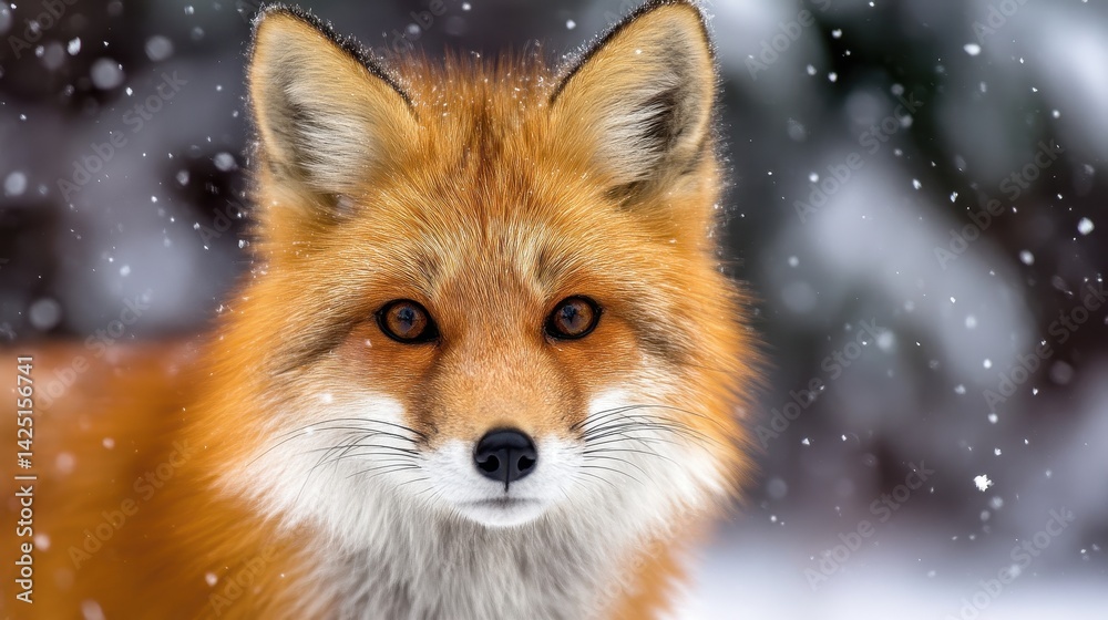 Close-up of a vibrant red fox in a snowy forest, showcasing its fur and alert expression Close-up of a vibrant red fox in a snowy forest, showcasing its fur and alert expression