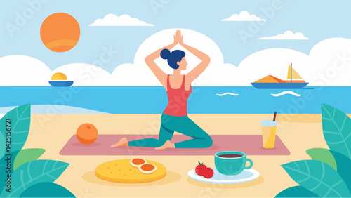 A morning beach yoga session followed by a delicious and healthy breakfast overlooking the ocean.. Vector illustration
