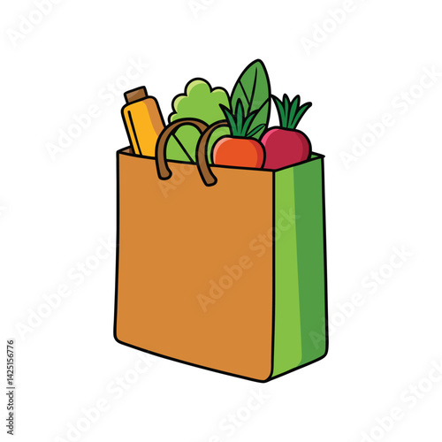Grocery bag full with vegetables vector illustration. Fresh produce in eco-friendly shopping bag, organic food, healthy lifestyle.