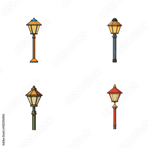 Set of lamppost vector illustrations. Collection of classic and modern street lights, urban lamp designs, cityscape, outdoor decor.