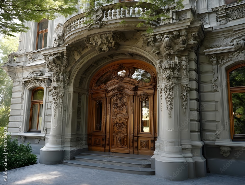 Obraz premium Ornate Wooden Door & Stone Facade - Architectural details
